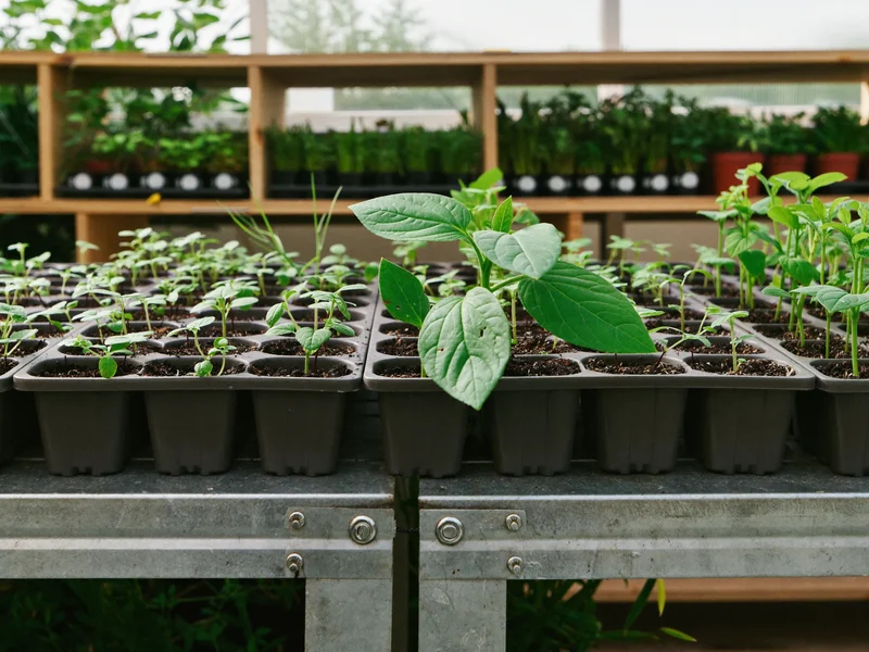 Illustrative trays of young vegetable seedlings and plug plants on greenhouse staging