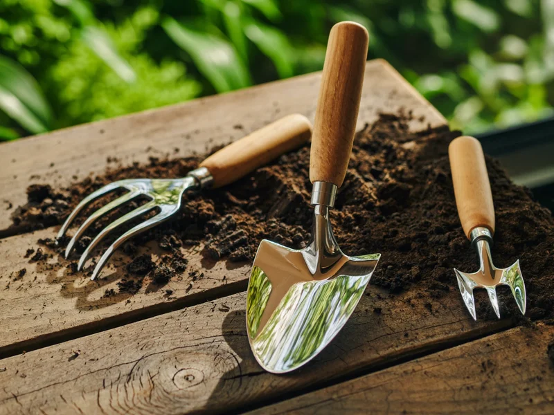 Illustrative spade, trowel, secateurs and hand fork arranged on a wooden potting bench