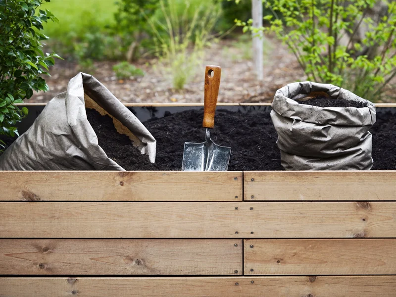 Illustrative open sacks of compost and soil improver beside a freshly filled raised bed