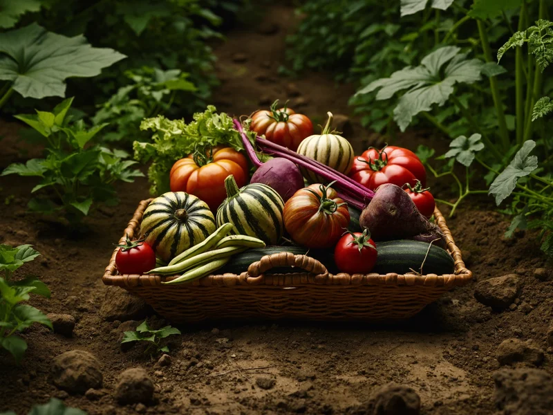 Illustrative late-summer harvest of beans, courgettes, tomatoes and beetroot in a wicker trug
